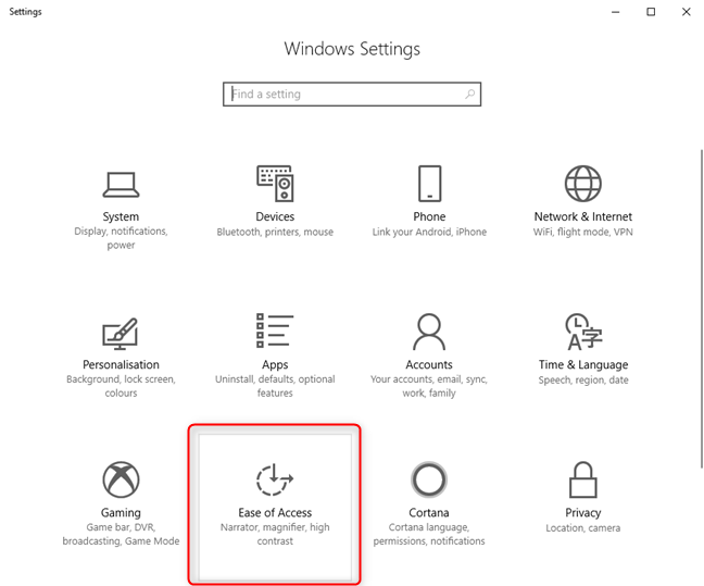 En la configuración de Windows 10, vaya a Facilidad de acceso