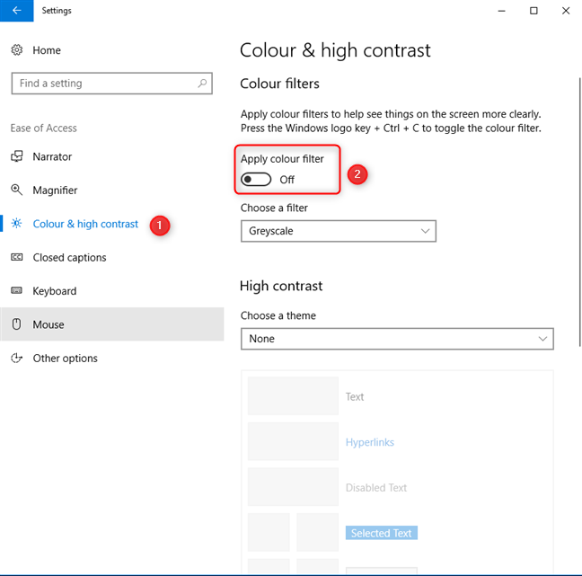 Apague el interruptor para aplicar filtros de color