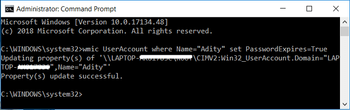 wmic UserAccount donde Name=Username set PasswordExpires=True | Habilitar o deshabilitar la caducidad de la contraseña en Windows 10