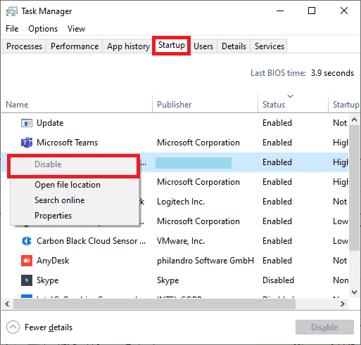 Seleccione la tarea de alto uso de CPU y seleccione Deshabilitar