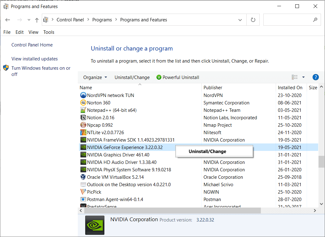 Haga clic derecho en NVIDIA Ge Force y haga clic en Desinstalar
