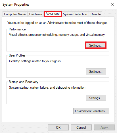 Cambie a la pestaña Avanzado en las propiedades del sistema y haga clic en Configuración