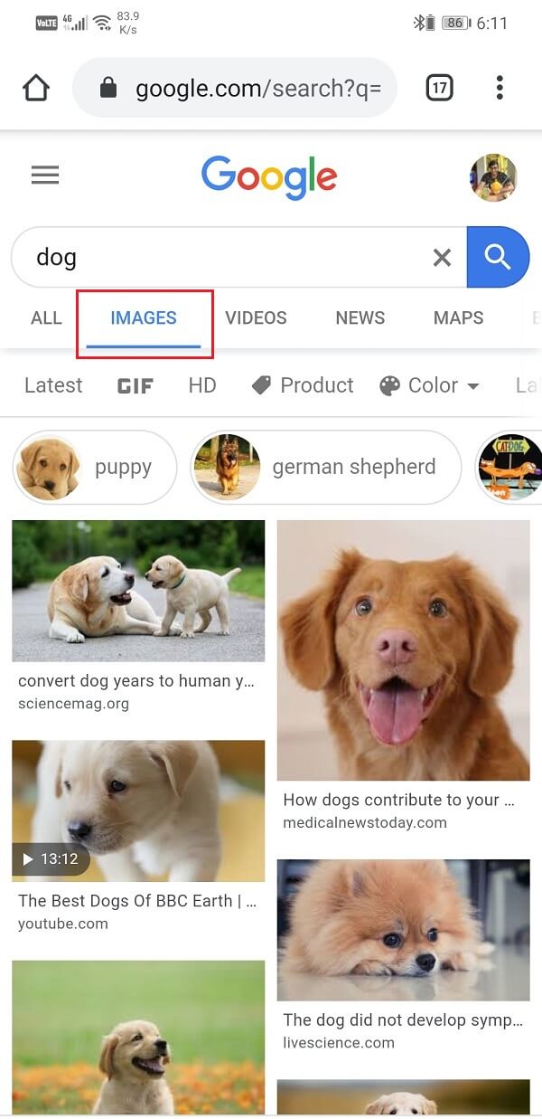 Toque en la pestaña Imágenes de google |  Cómo copiar una imagen al portapapeles en Android