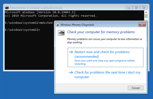 Uruchom diagnostykę pamięci systemu Windows z CMD