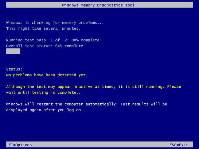 Windows Memory Diagnostic uruchamia dwa standardowe testy