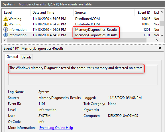 Podgląd zdarzeń pokazuje szczegóły dotyczące diagnostyki pamięci systemu Windows