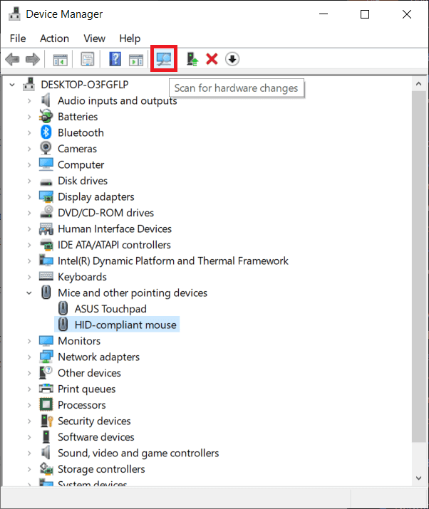 Haga clic en el botón Buscar cambios de hardware.  |  ¿Cómo arreglar el retraso del mouse en Windows 10? 