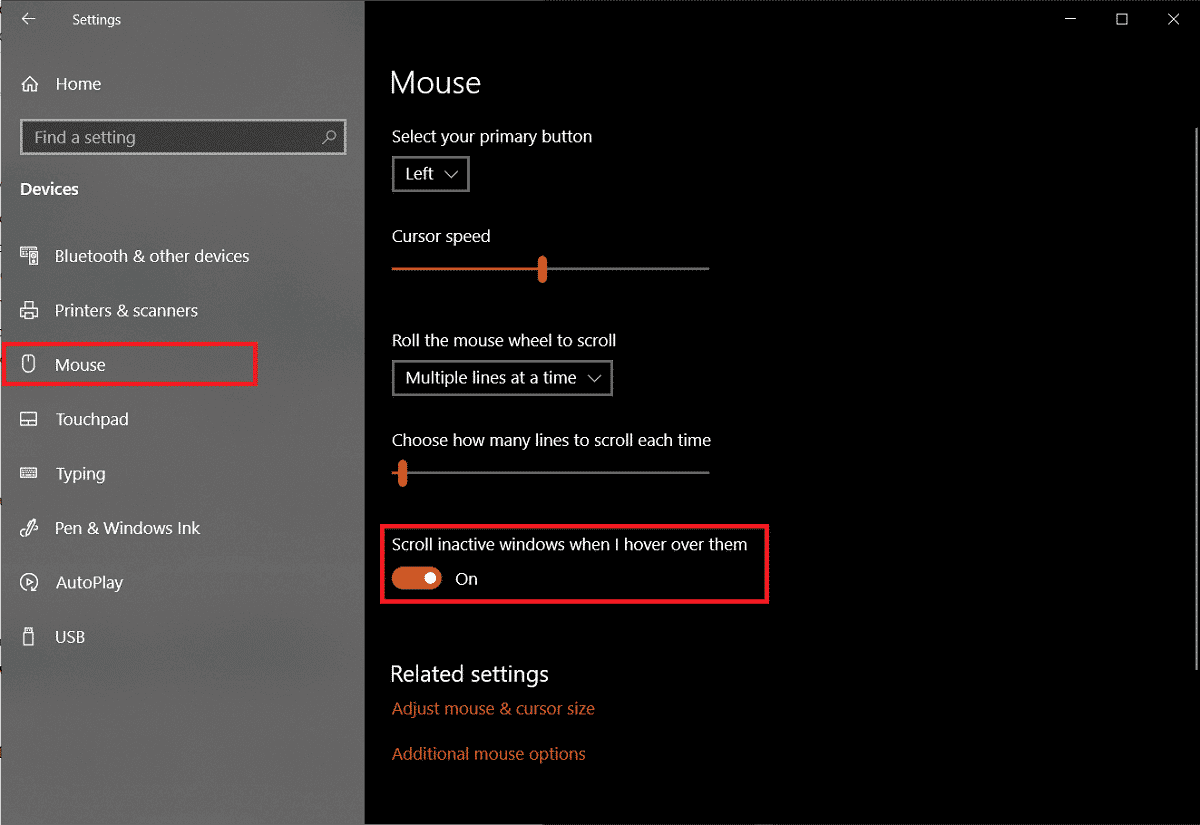 apague el interruptor debajo de Desplazar Windows inactivo cuando paso el mouse sobre ellos.  |  ¿Cómo arreglar el retraso del mouse en Windows 10? 