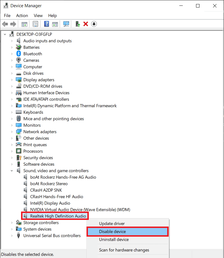 Haga clic con el botón derecho en Realtek High Definition Audio y seleccione Desactivar dispositivo.  |  ¿Cómo arreglar el retraso del mouse en Windows 10? 