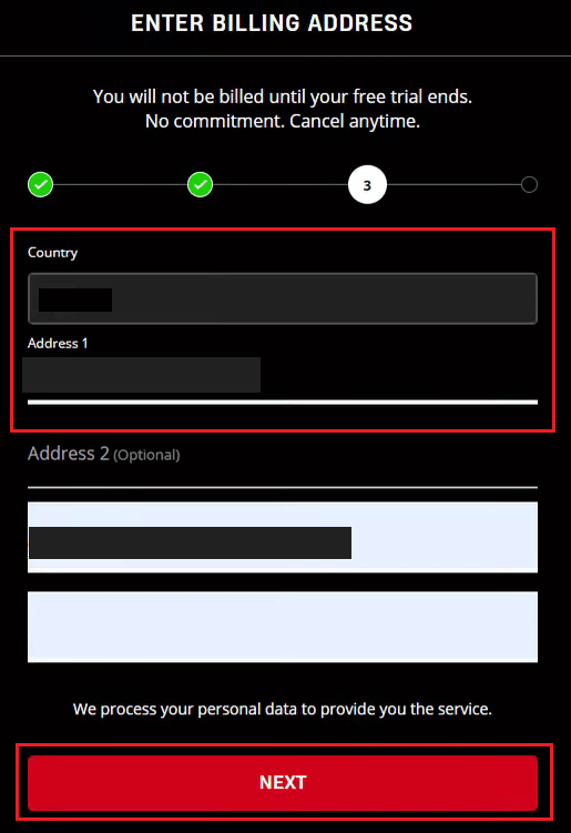Ingrese su dirección y país y haga clic en SIGUIENTE