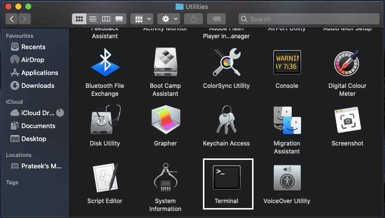 En Utilidades, busque y abra la aplicación Terminal