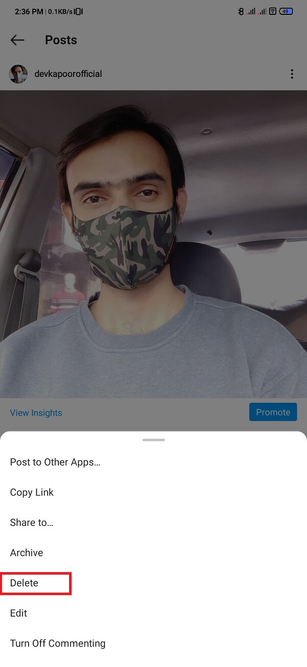 Allí verás la opción Eliminar, haz clic en ella. | Eliminar fotos en Instagram