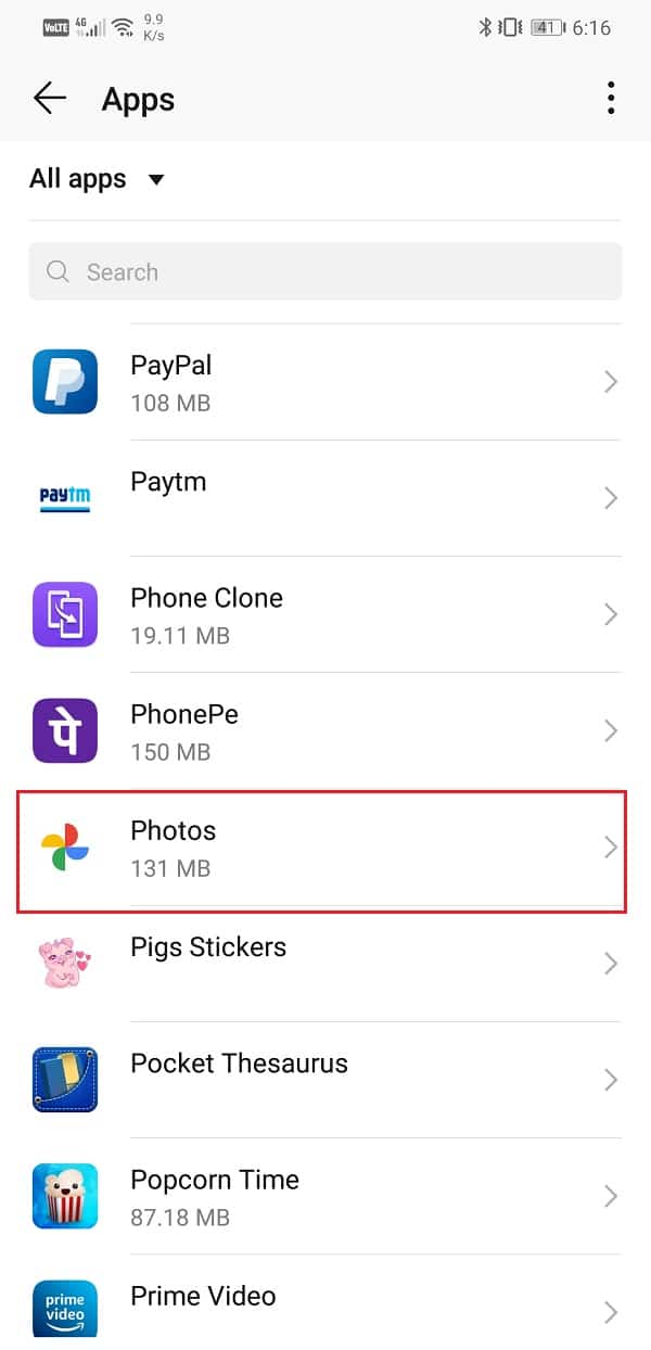 Busque Google Photos y tóquelo para abrir la configuración de la aplicación