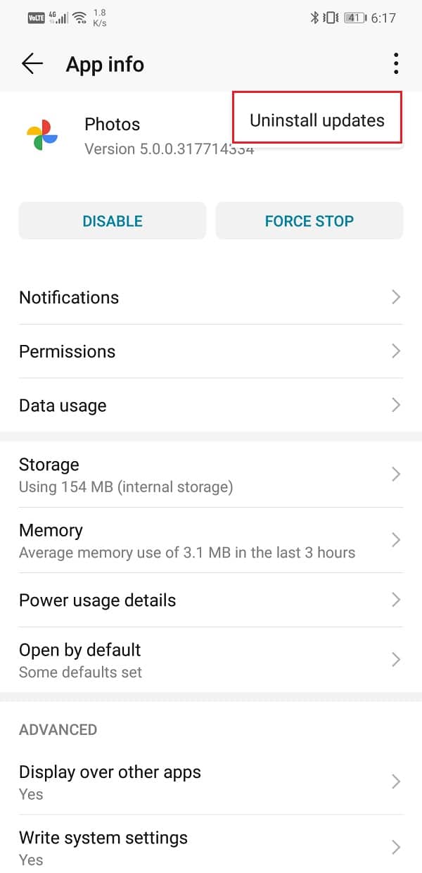 Toca el botón de desinstalar actualizaciones
