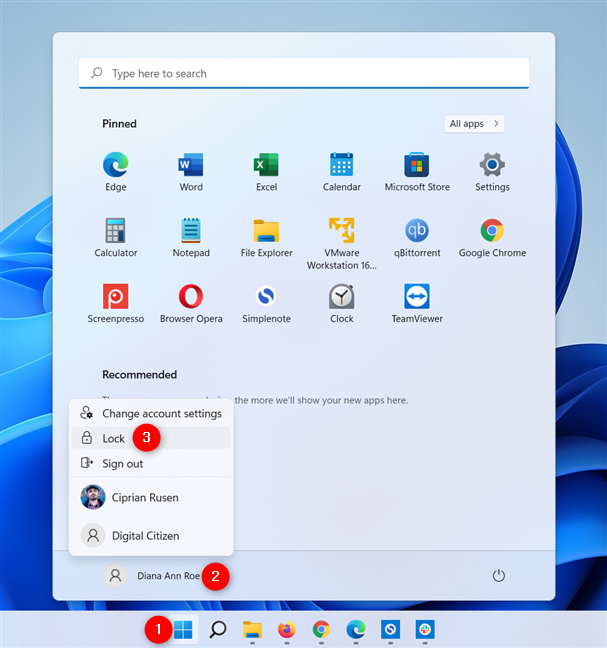 Zablokuj ekran w Windows 11 z menu Start