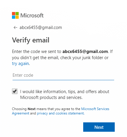 Ingrese el código de verificación recibirá la dirección de correo electrónico registrada y haga clic en siguiente