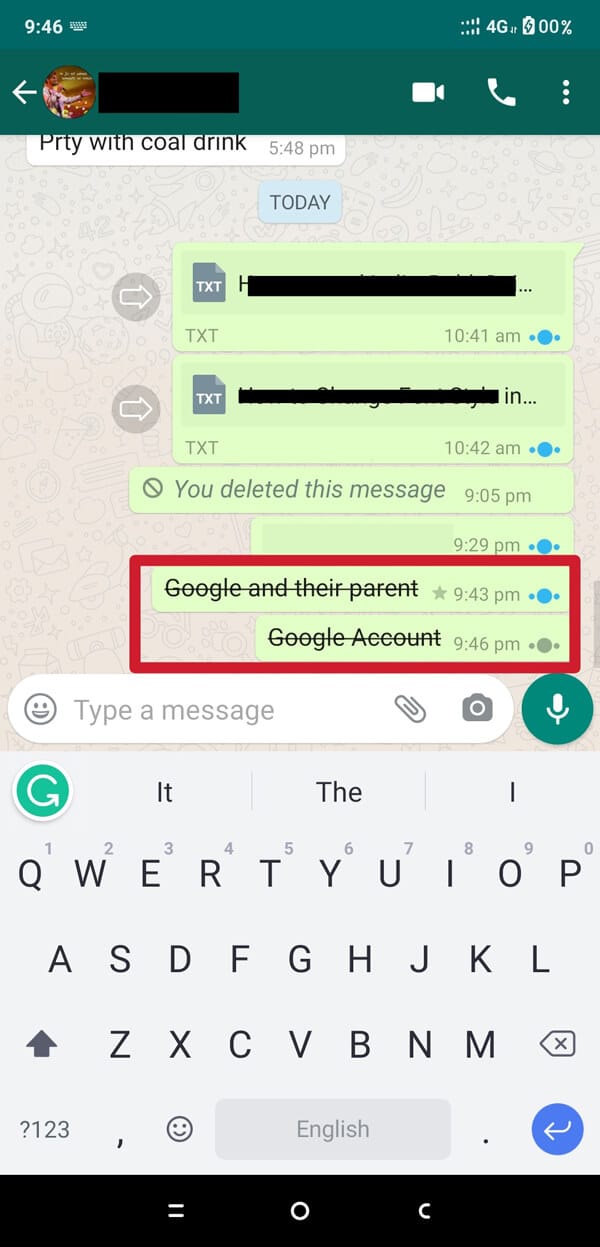 Ahora envió el mensaje y se entregará en el formato Tachado.  |  Cómo cambiar el estilo de fuente en WhatsApp