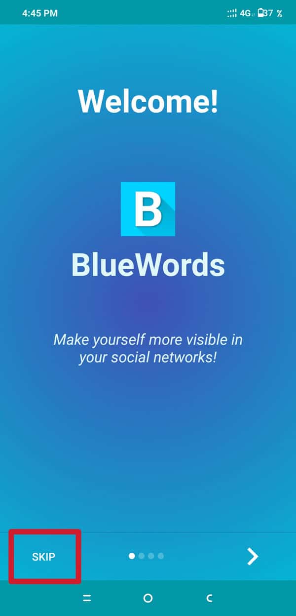 Almuerce la aplicación 'Blue Words' y toque la opción de omisión.