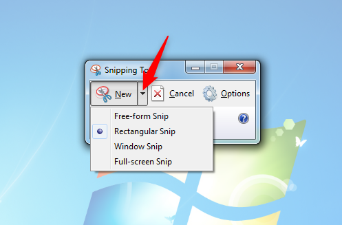 Seleccione el tipo de captura de pantalla en Snipping Tool para Windows 7