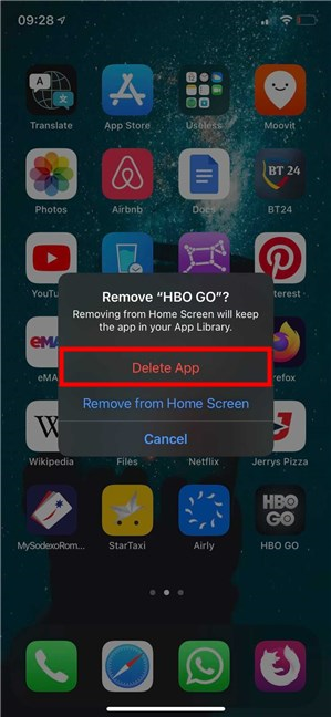 Presione Eliminar aplicación para eliminar la aplicación de iOS