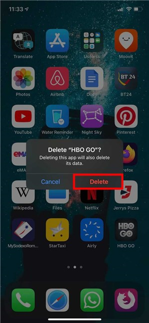 Toque Eliminar para eliminar la aplicación de iPhone o iPad