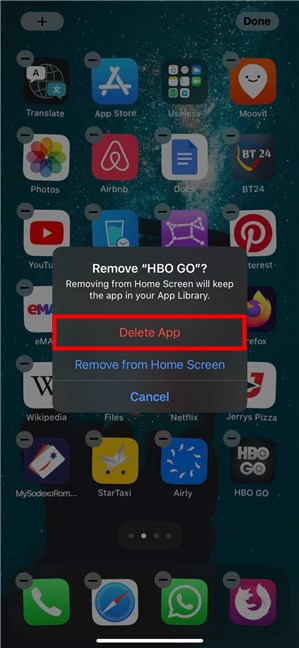 Presione Eliminar aplicación si está usando un iPhone