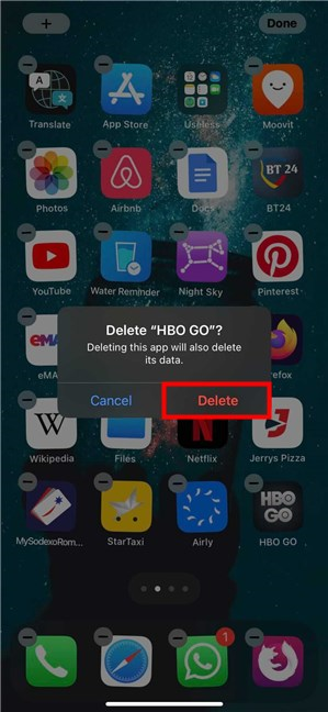 Toque Eliminar para desinstalar la aplicación de su iPad o iPhone