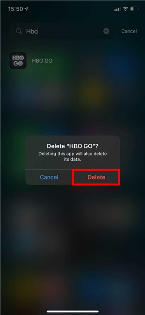 Presione Eliminar para desinstalar la aplicación en iOS