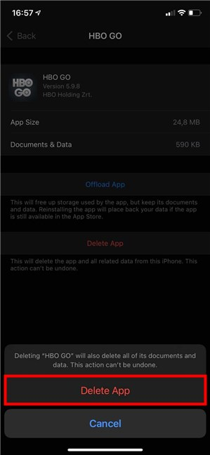 Confirme su elección presionando Eliminar aplicación