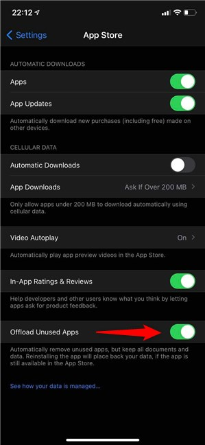 Use el interruptor Descargar aplicaciones no utilizadas para activar o desactivar la configuración
