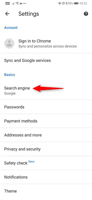 Accede a la configuración del motor de búsqueda en Google Chrome para Android