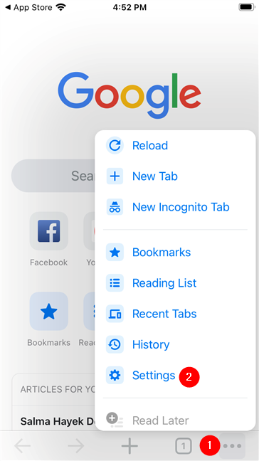 Abra Configuración en Google Chrome para iOS