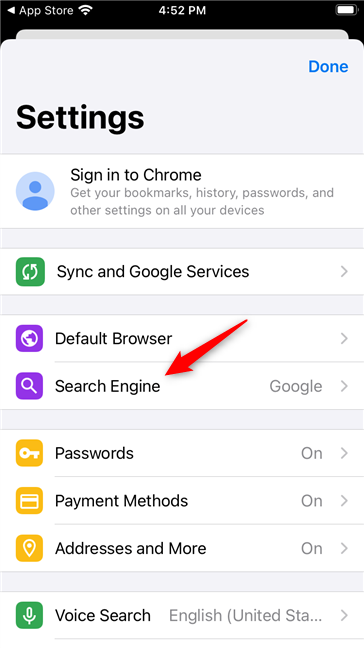 Accede a la configuración del motor de búsqueda en Google Chrome para iOS