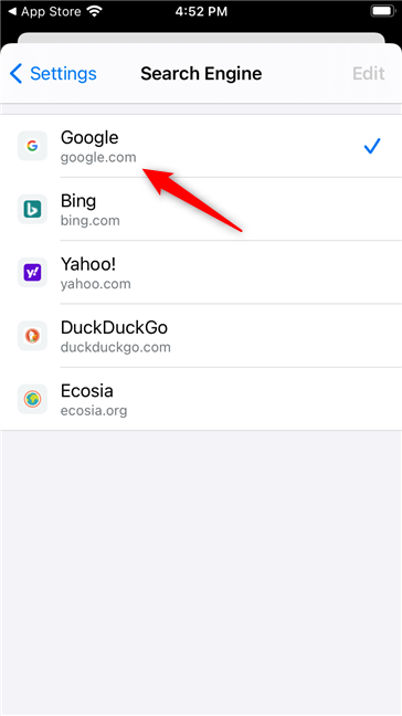 Seleccione el motor de búsqueda de Google Chrome para iOS