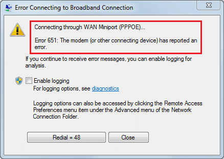 Solucione el error 651 El módem (u otros dispositivos de conexión) informaron un error