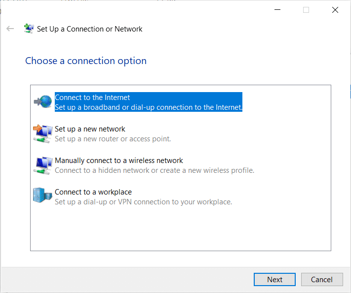 Seleccione Conectarse a Internet en el asistente y haga clic en Siguiente