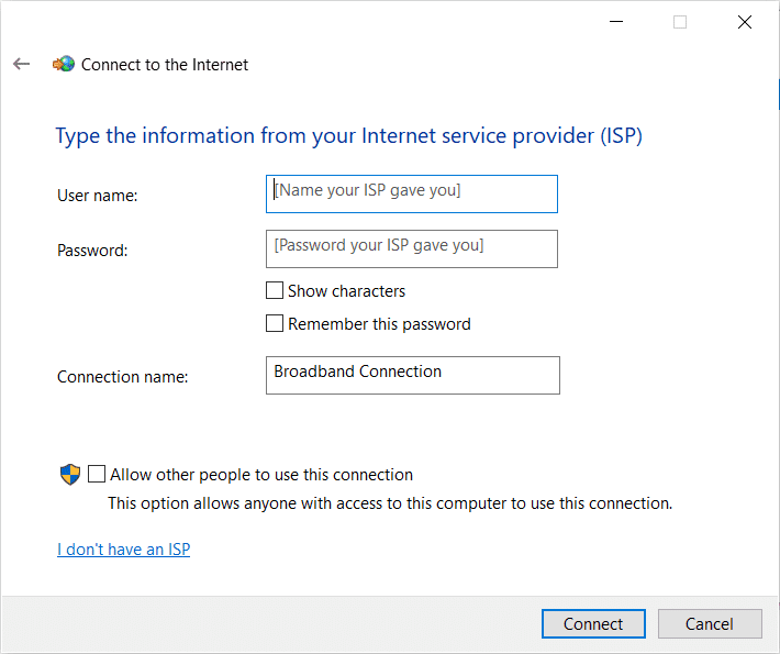 Ingrese el nombre de usuario y la contraseña proporcionados por su ISP y haga clic en Conectar