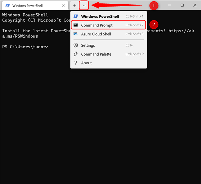 Abra la pestaña Símbolo del sistema a través del menú Terminal de Windows