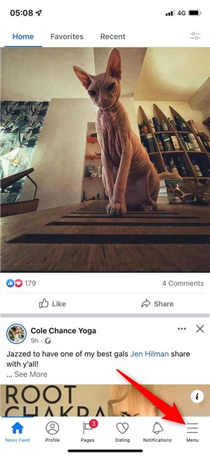 Presione el botón Menú en Facebook en iOS