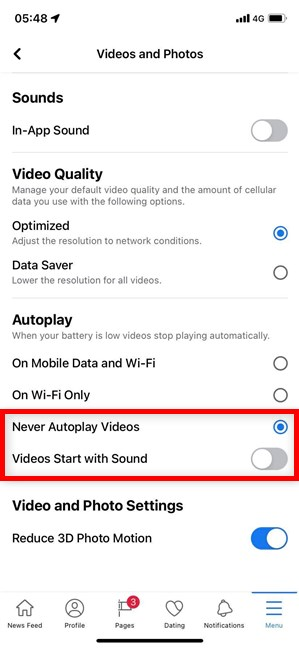 ¿Cómo detener los sonidos de Facebook cuando se trata de reproducción automática de videos en iPhone?