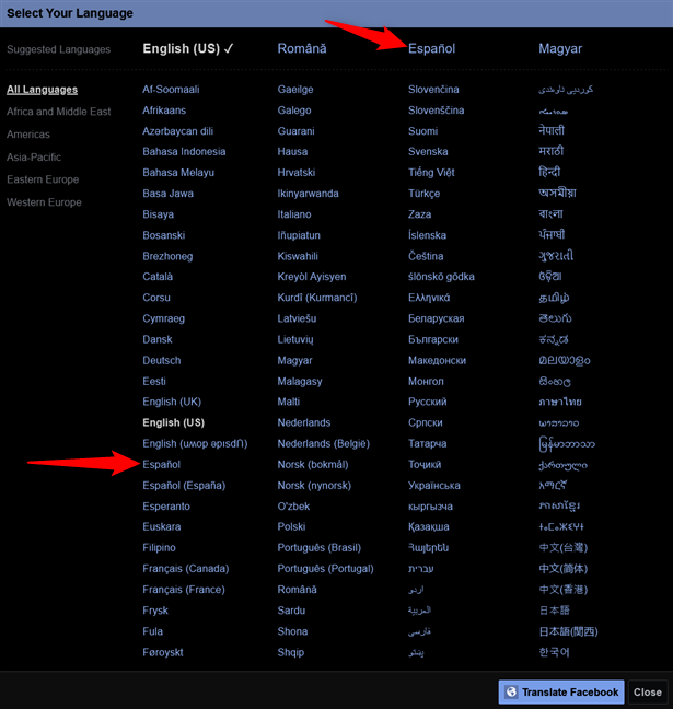 Cómo cambiar el idioma en Facebook desde la página Seleccione su idioma