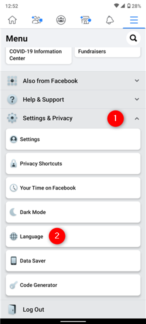 Acceda al idioma desde el menú desplegable Configuración y privacidad para cambiar el idioma de Facebook