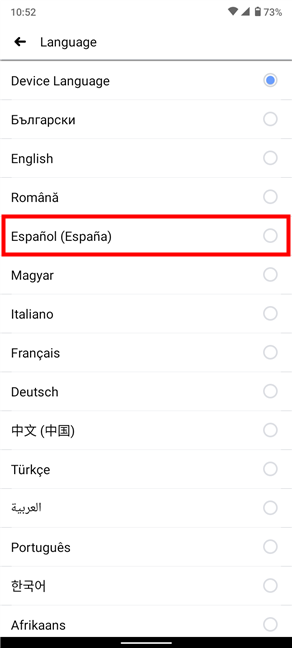La configuración de idioma de Facebook en la aplicación de Android