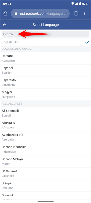 Configuración de idioma de Facebook en la versión móvil del sitio web