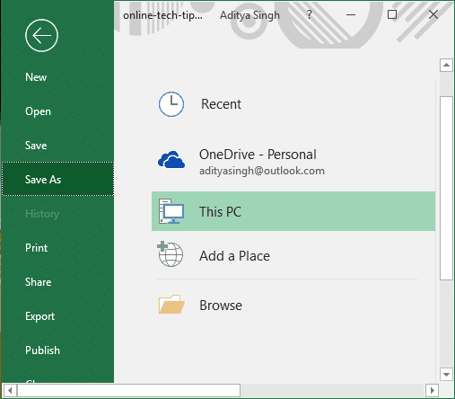 Haga clic en la opción Guardar como del menú de archivos de Excel