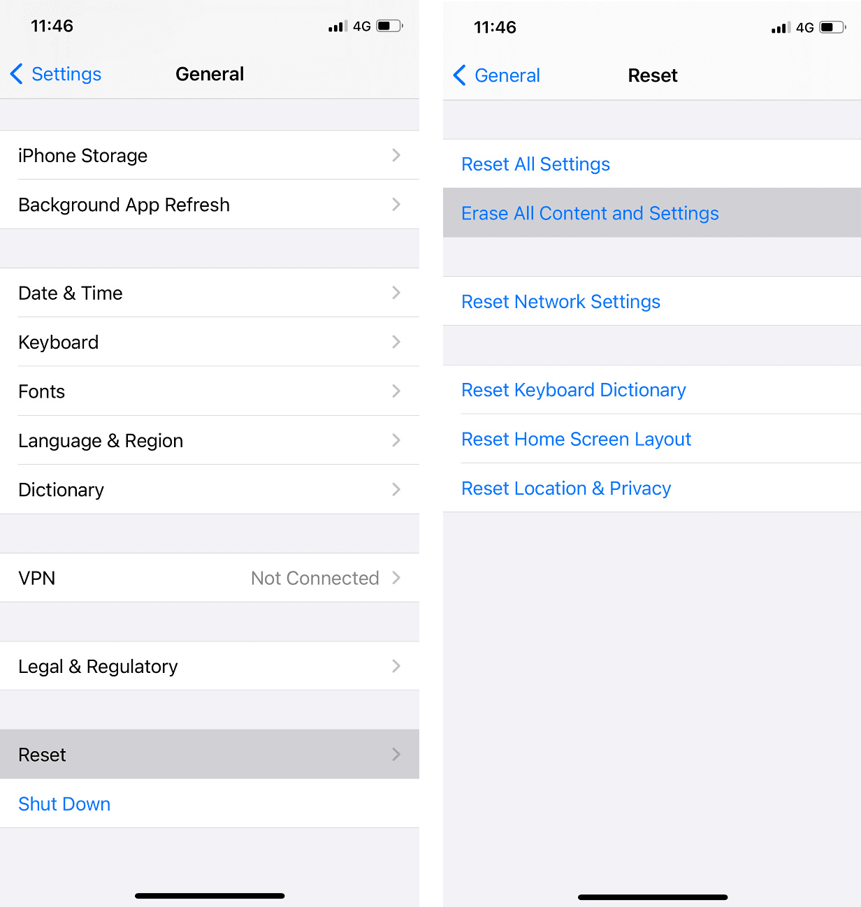 Haga clic en Restablecer y luego vaya a la opción Borrar todo el contenido y la configuración