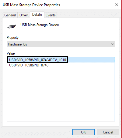 ID de hardware del dispositivo de almacenamiento masivo USB