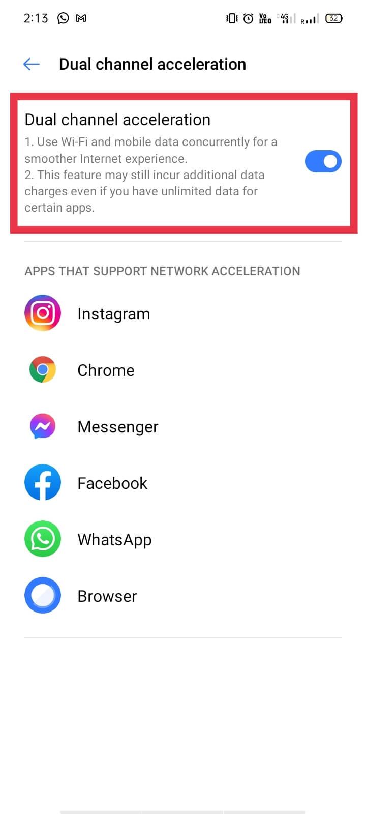asegúrese de que la aceleración de doble canal esté 'activada' | Cómo enviar MMS a través de Wi-Fi