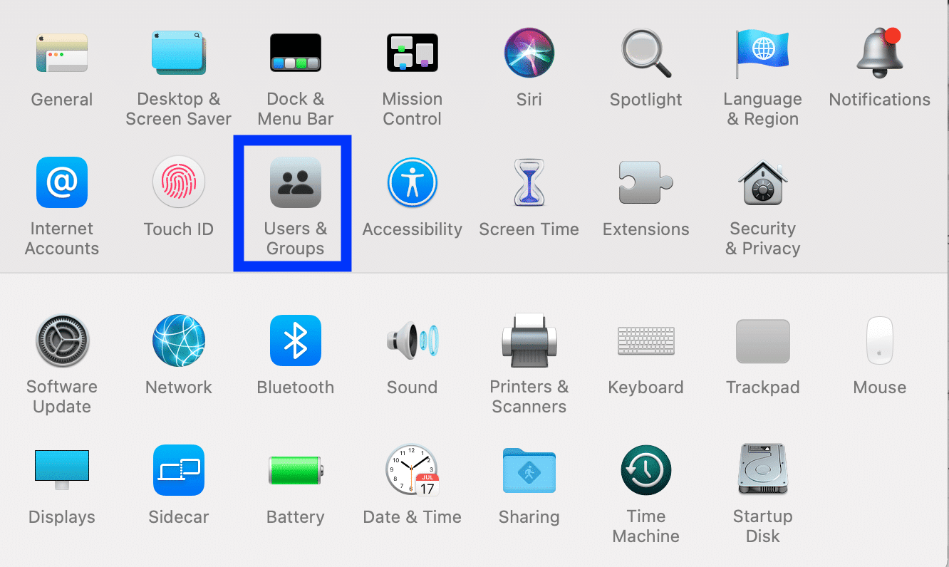 Haga clic en Preferencias del sistema, Usuarios y grupos. Arreglar el inicio lento de Mac