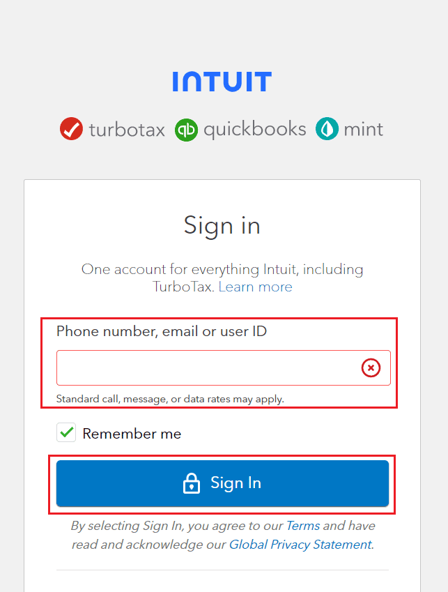 Página de inicio de sesión de TurboTax - correo electrónico, ID de usuario o número de teléfono - código de verificación - Iniciar sesión